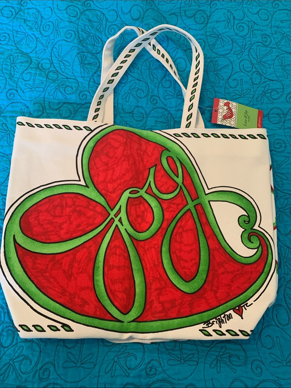 Brighton White Canvas Tote with Red & Green Heart "Joy" Graphic